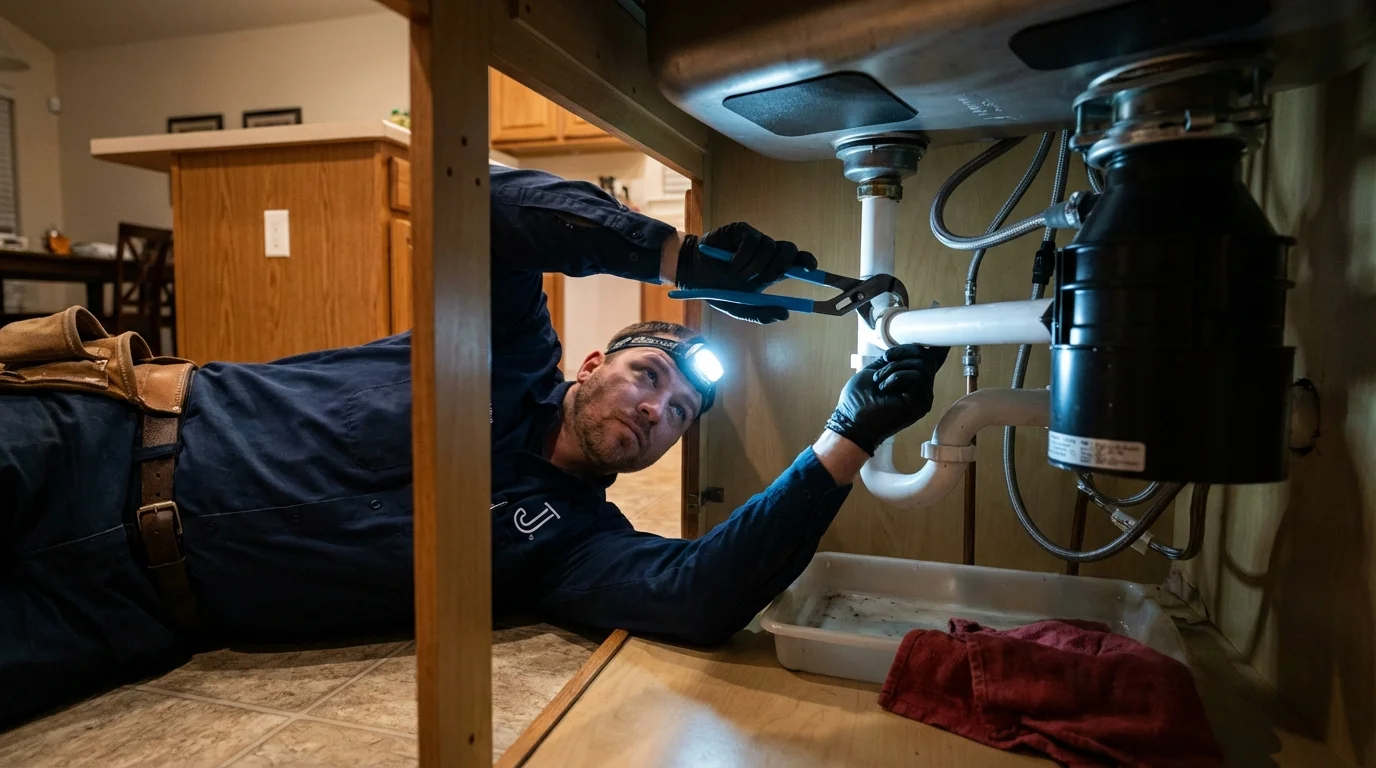 P-trap and supply line connections under a kitchen sink showing a common leak point in Mount Vernon, KY